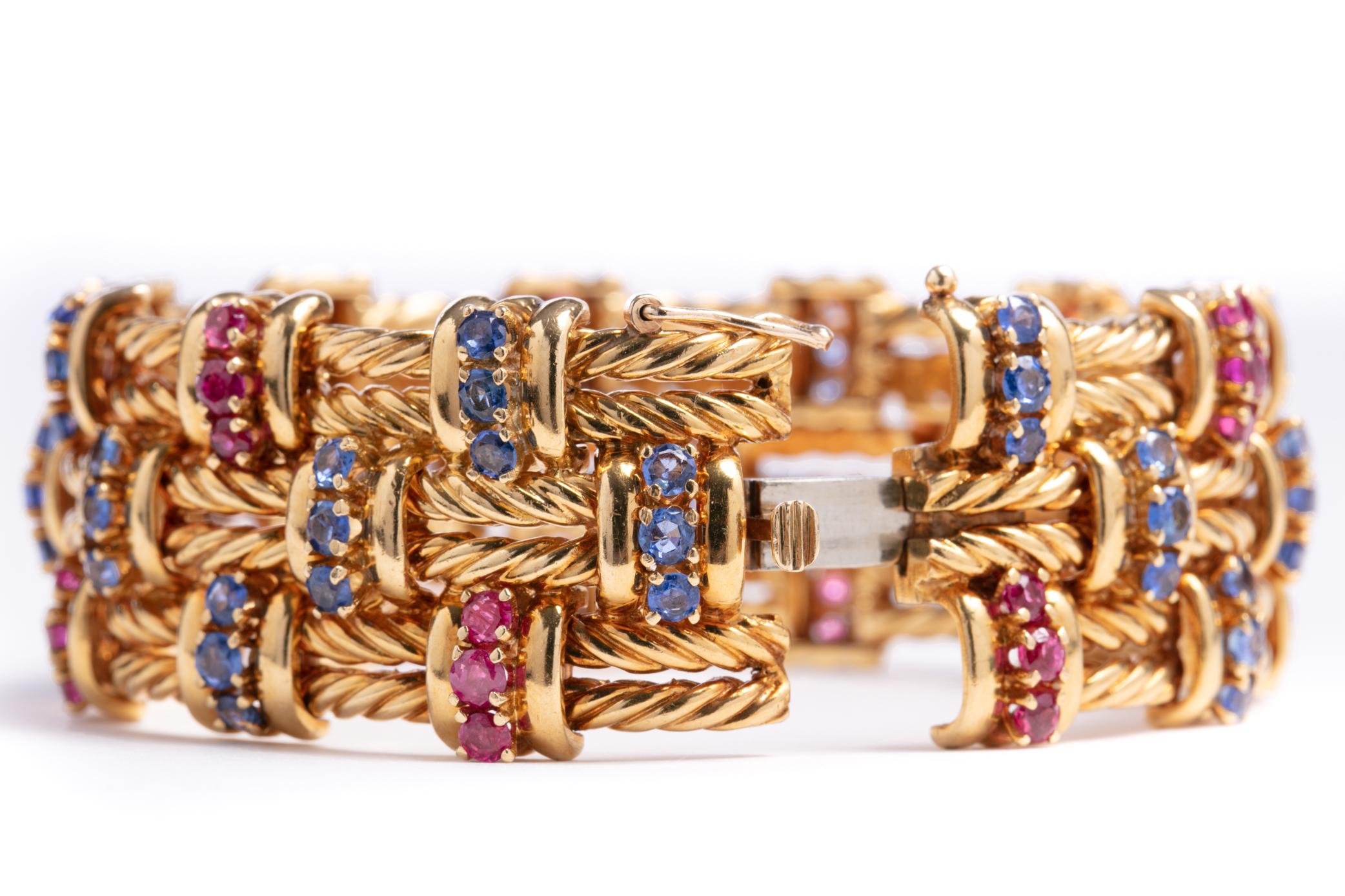 Retro 18 Karat Yellow Gold Ruby and Sapphire Bracelet 2