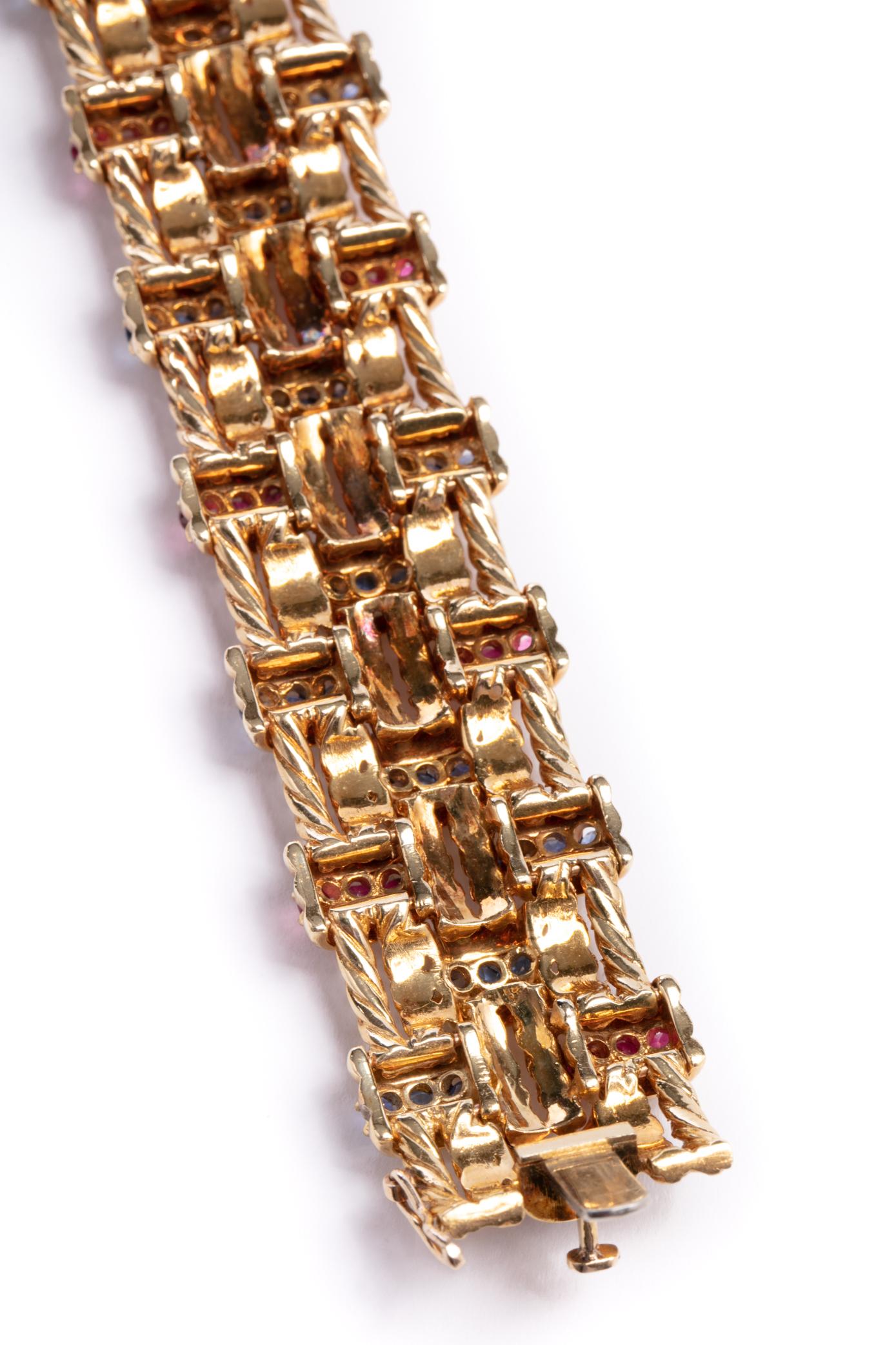 Retro 18 Karat Yellow Gold Ruby and Sapphire Bracelet 3