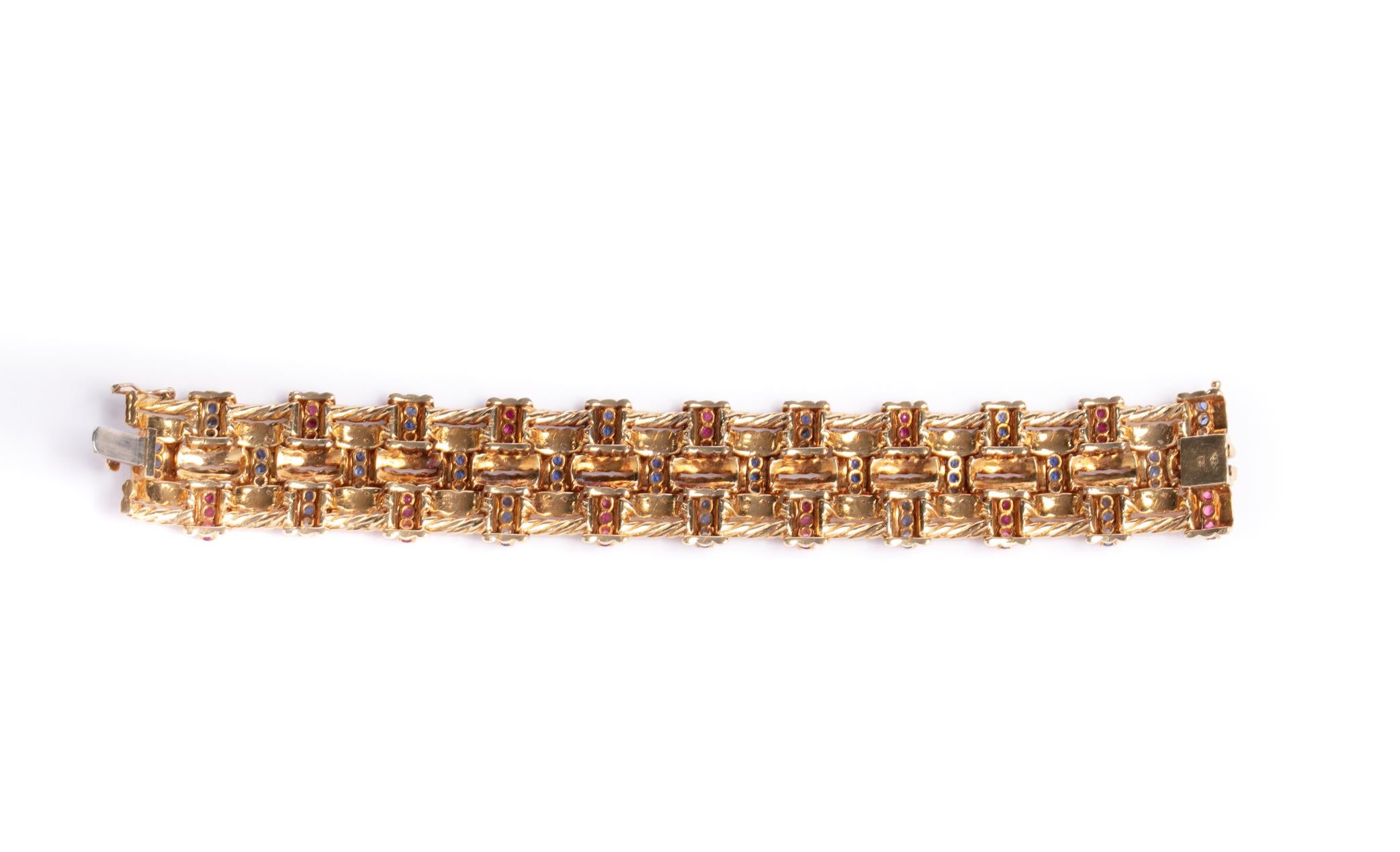 Retro 18 Karat Yellow Gold Ruby and Sapphire Bracelet 4
