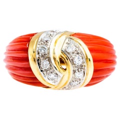 Retro 18 Karat Yellow Gold Diamond and Carved Red Coral Ring