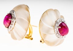 Retro 18 Karat Yellow/White Gold Ruby and Diamond Rock Crystal Oval Earrings