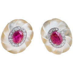 Retro 18 Karat Yellow/White Gold Ruby and Diamond Rock Crystal Oval Earrings