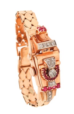 RETRO 1938 Art Deco Orologio da polso da donna a scomparsa in oro rosa 14Kt Rubini e diamanti