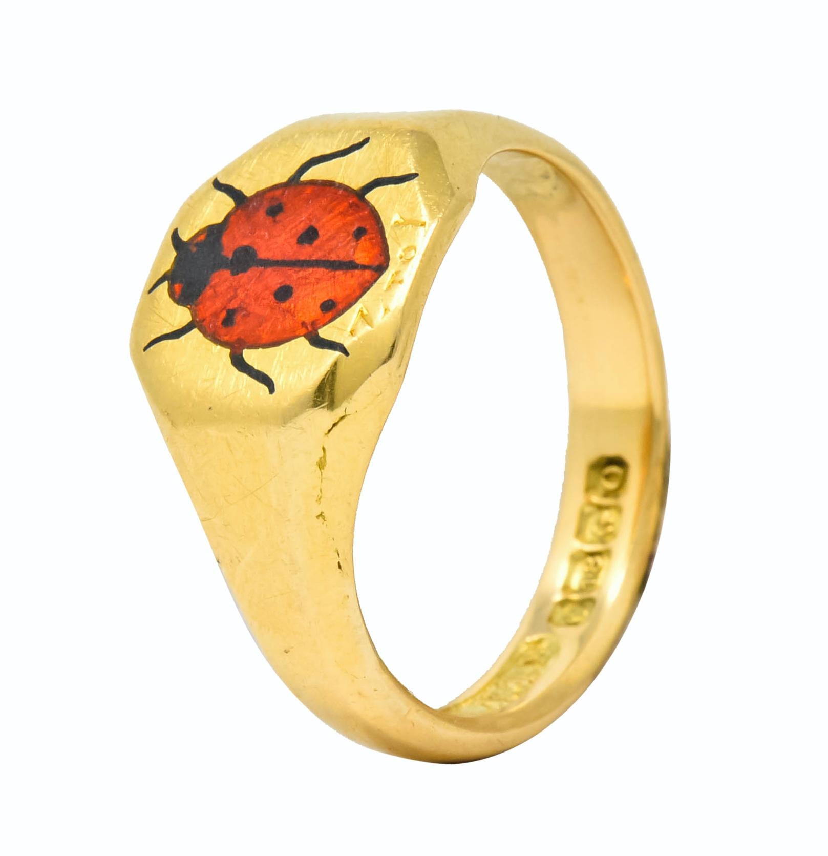 Retro 1938 Enamel 18 Karat Gold Ladybug Signet Pinky Ring 2