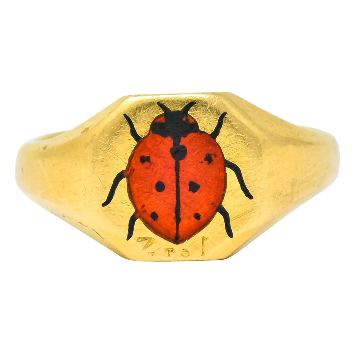 Retro 1938 Enamel 18 Karat Gold Ladybug Signet Pinky Ring