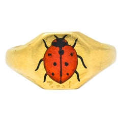 Vintage 1938 Enamel 18 Karat Gold Ladybug Signet Pinky Ring