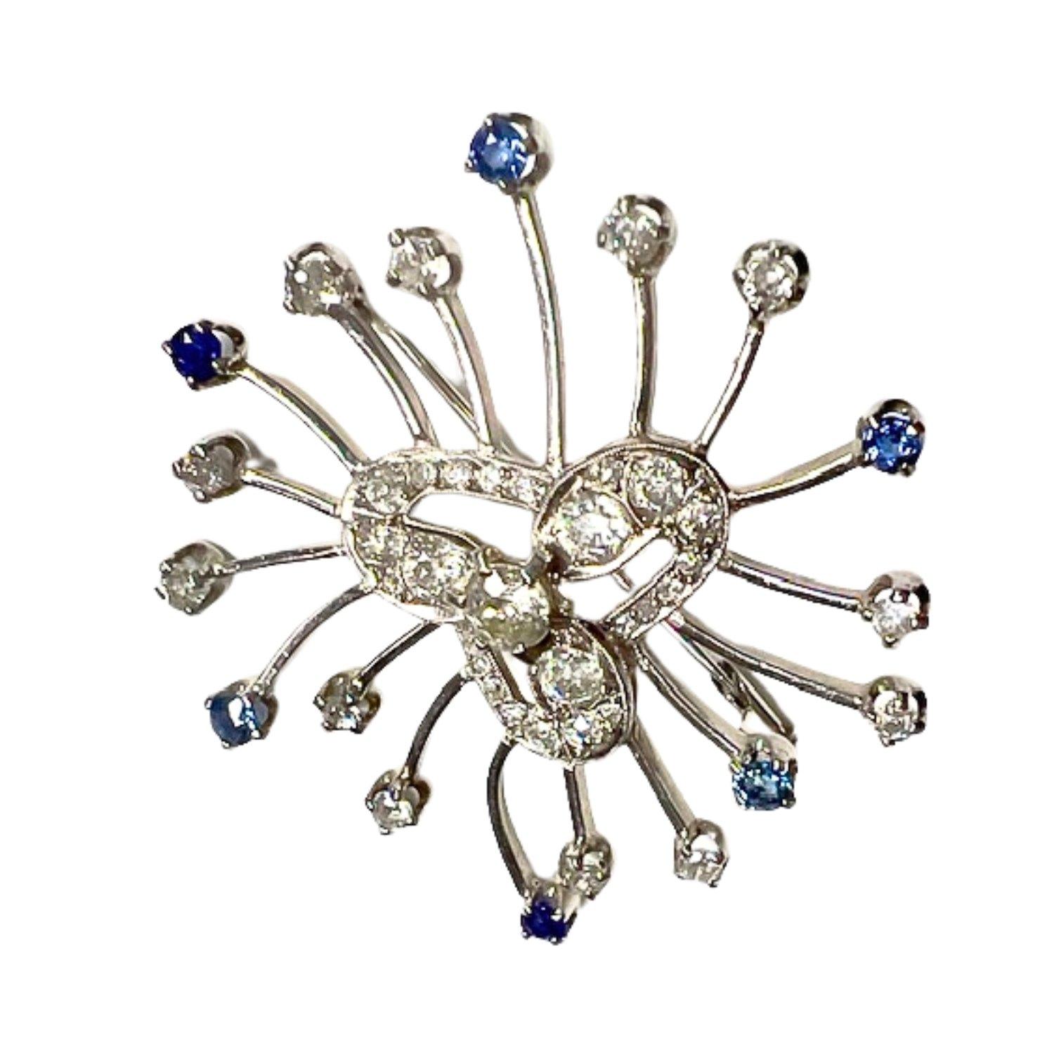Retro 1940-1945 Diamond and Sapphire Gold Brooch In Good Condition In MADRID, ES