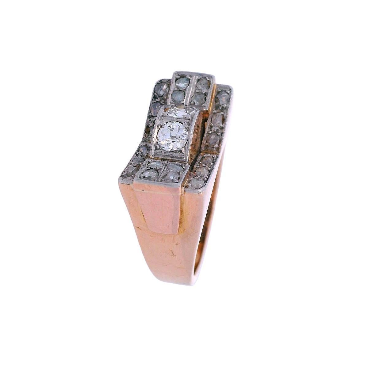 Taglio vecchia miniera Anello Retro 1940 in oro rosa 18kt e platino con diamanti in vendita