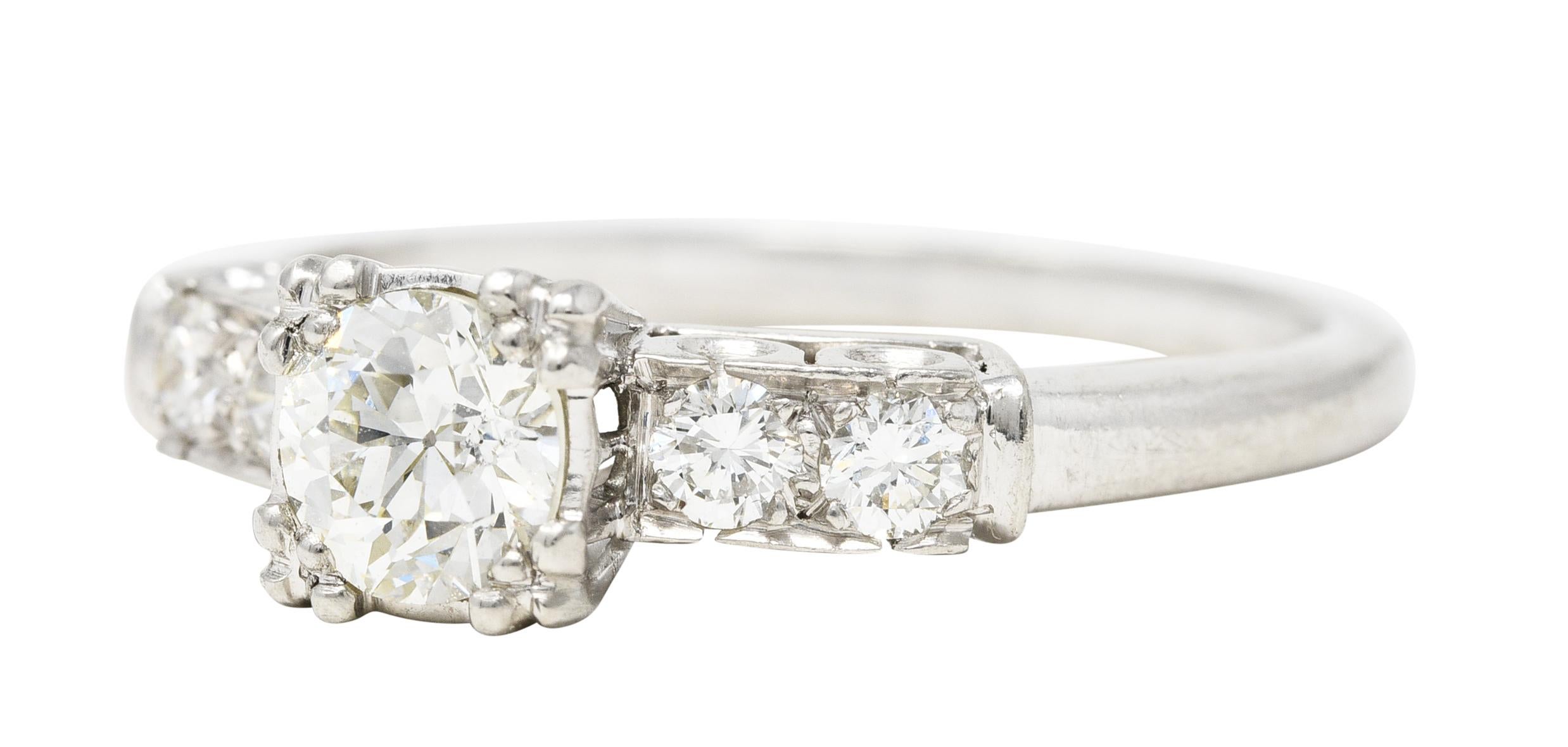 Retro 1940's 0.77 Carat Old European Diamond Platinum Fishtail Engagement Ring 1