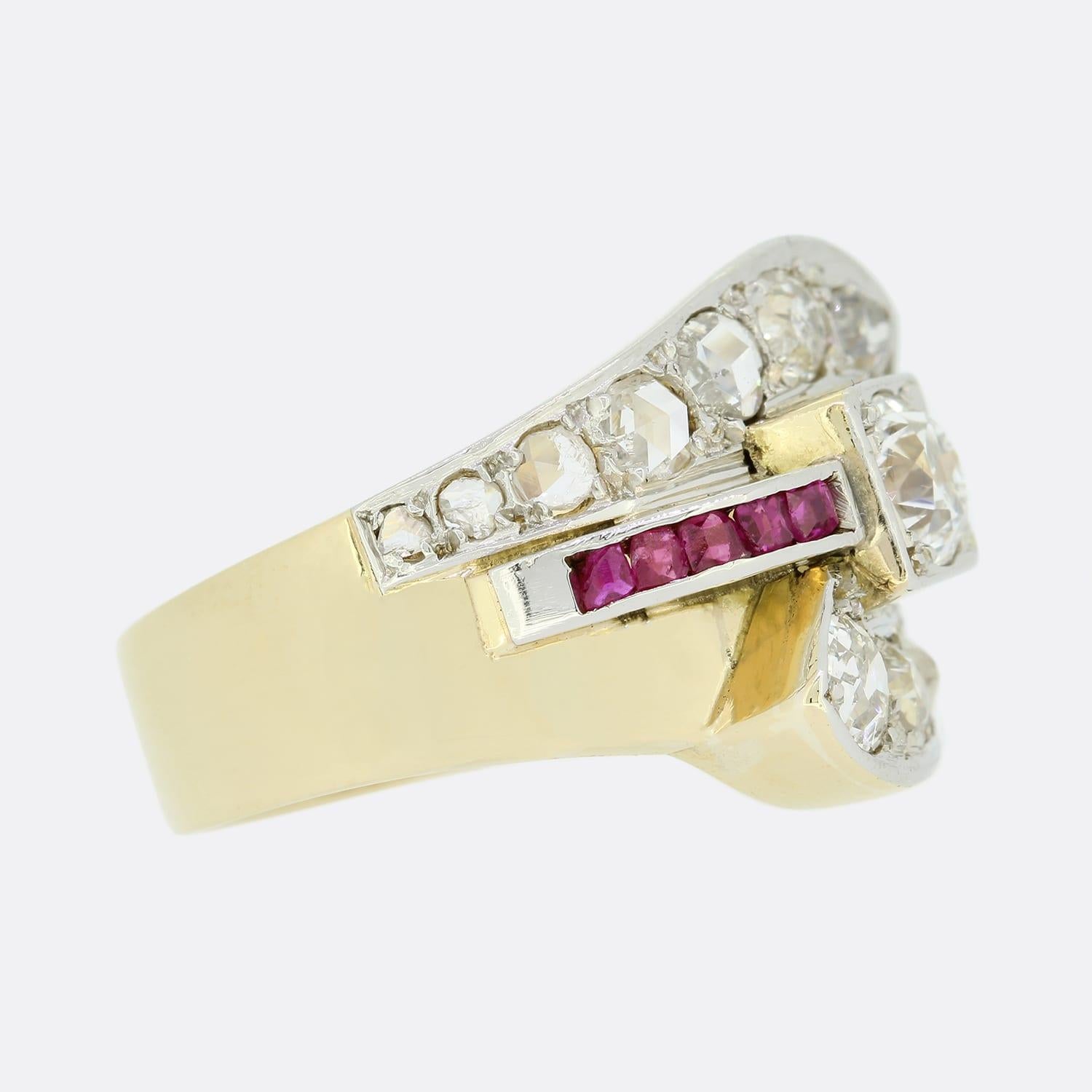 Old European Cut Retro 1940s 1.30 Carat Diamond Crossover Ring For Sale