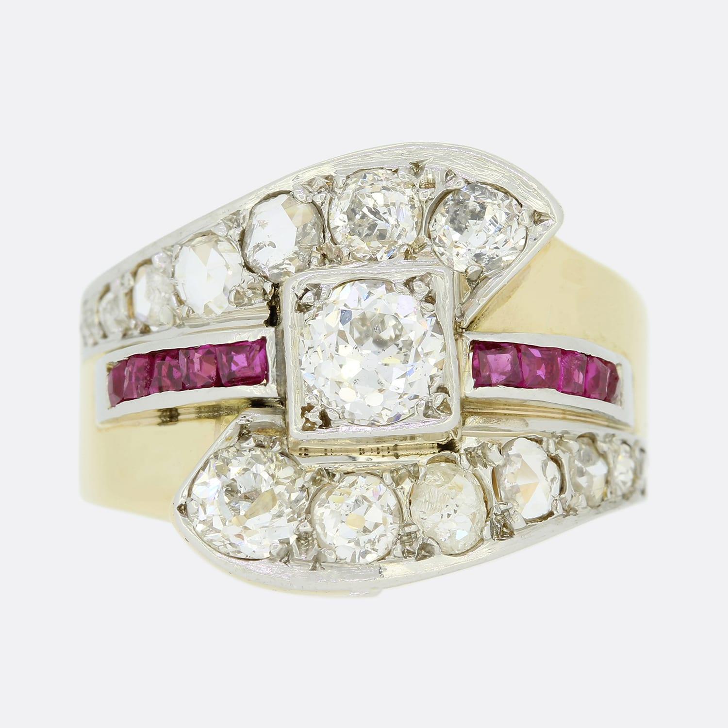 Women's Retro 1940s 1.30 Carat Diamond Crossover Ring For Sale