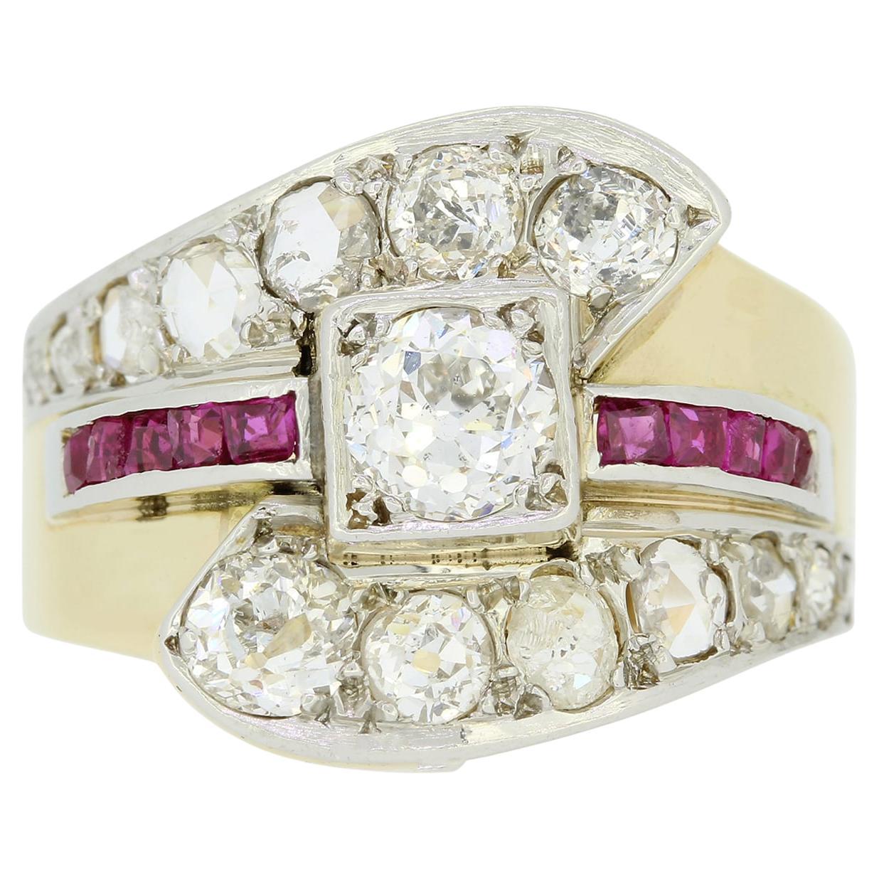 Retro 1940s 1.30 Carat Diamond Crossover Ring For Sale