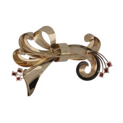 Retro 1940s 14K Gold Stylized Bow Pin with Rubies