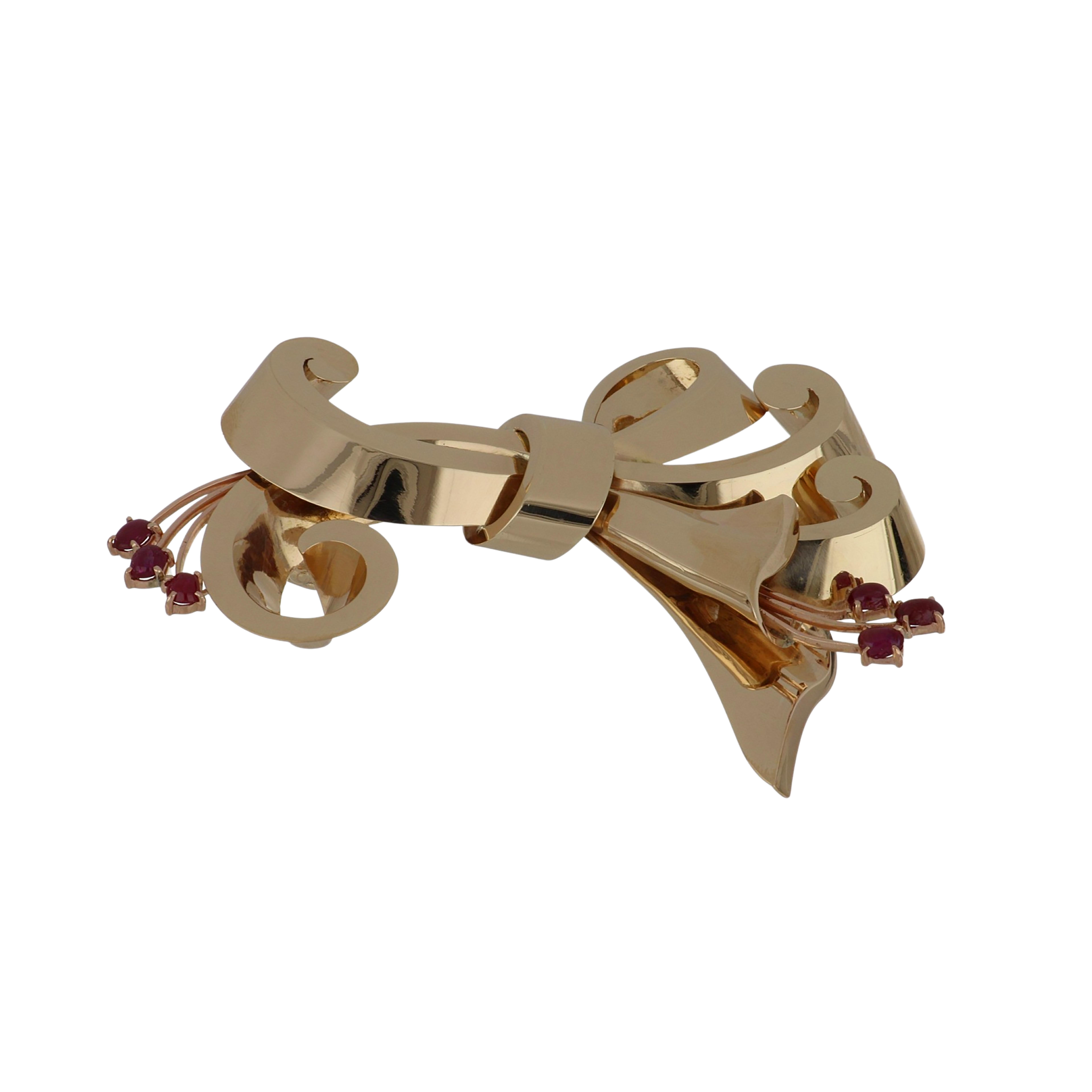 Cabochon Retro 1940s 14K Gold Stylized Bow Pin with Rubies For Sale