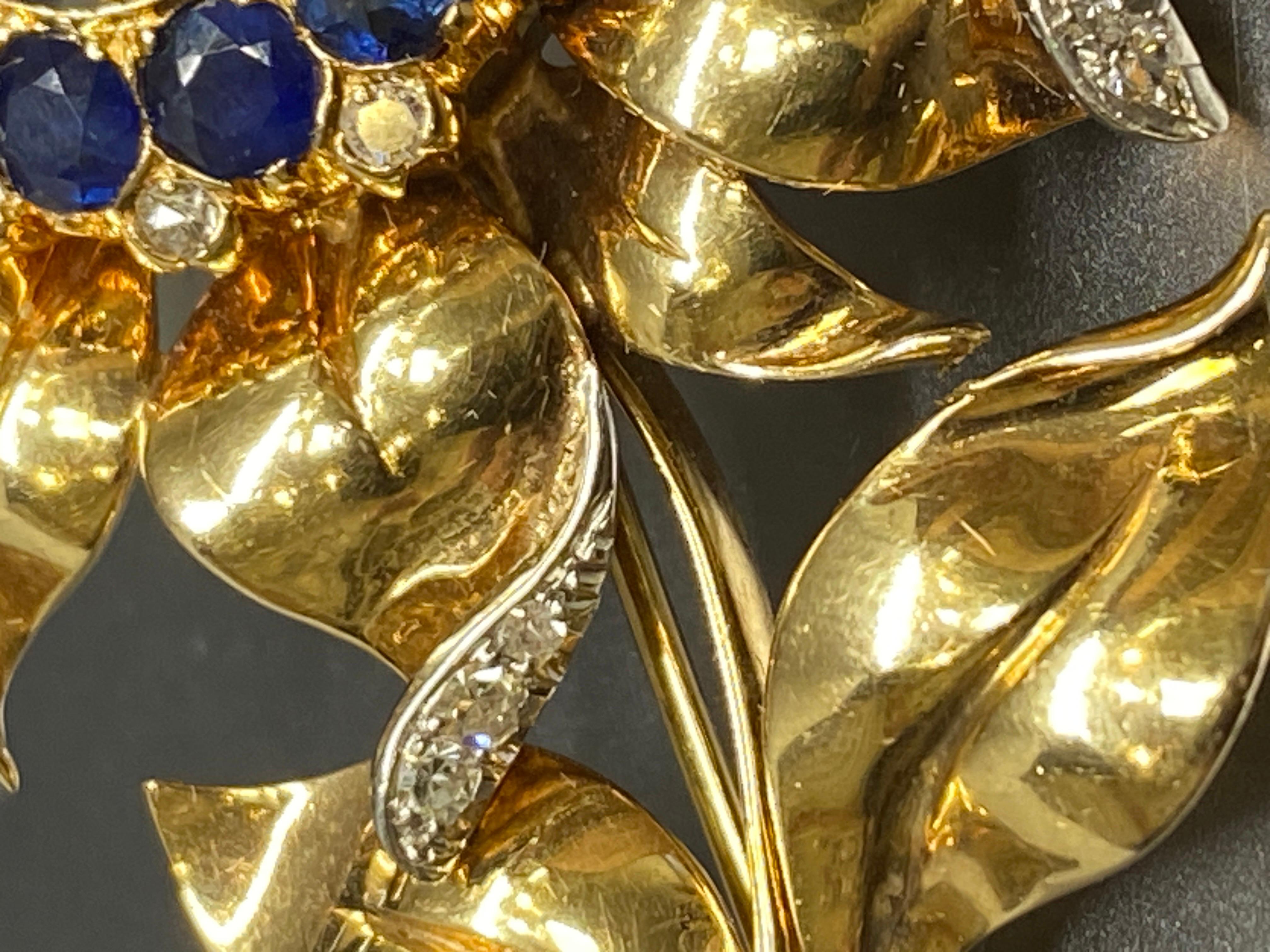 RETRO 1940er Jahre 14k Gelbgold natürlicher blauer Saphir & Diamant Sonnenblumenbrosche im Angebot 6