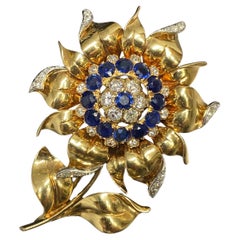 Vintage 1940's 14k Yellow Gold Natural Blue Sapphire & Diamond Sun Flower Brooch