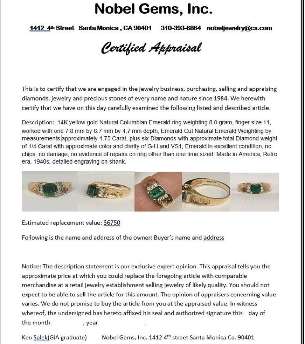 Retro 1940s 1.75 Carat Natural Columbian Emerald 14k Gold Diamond Ring For Sale 4