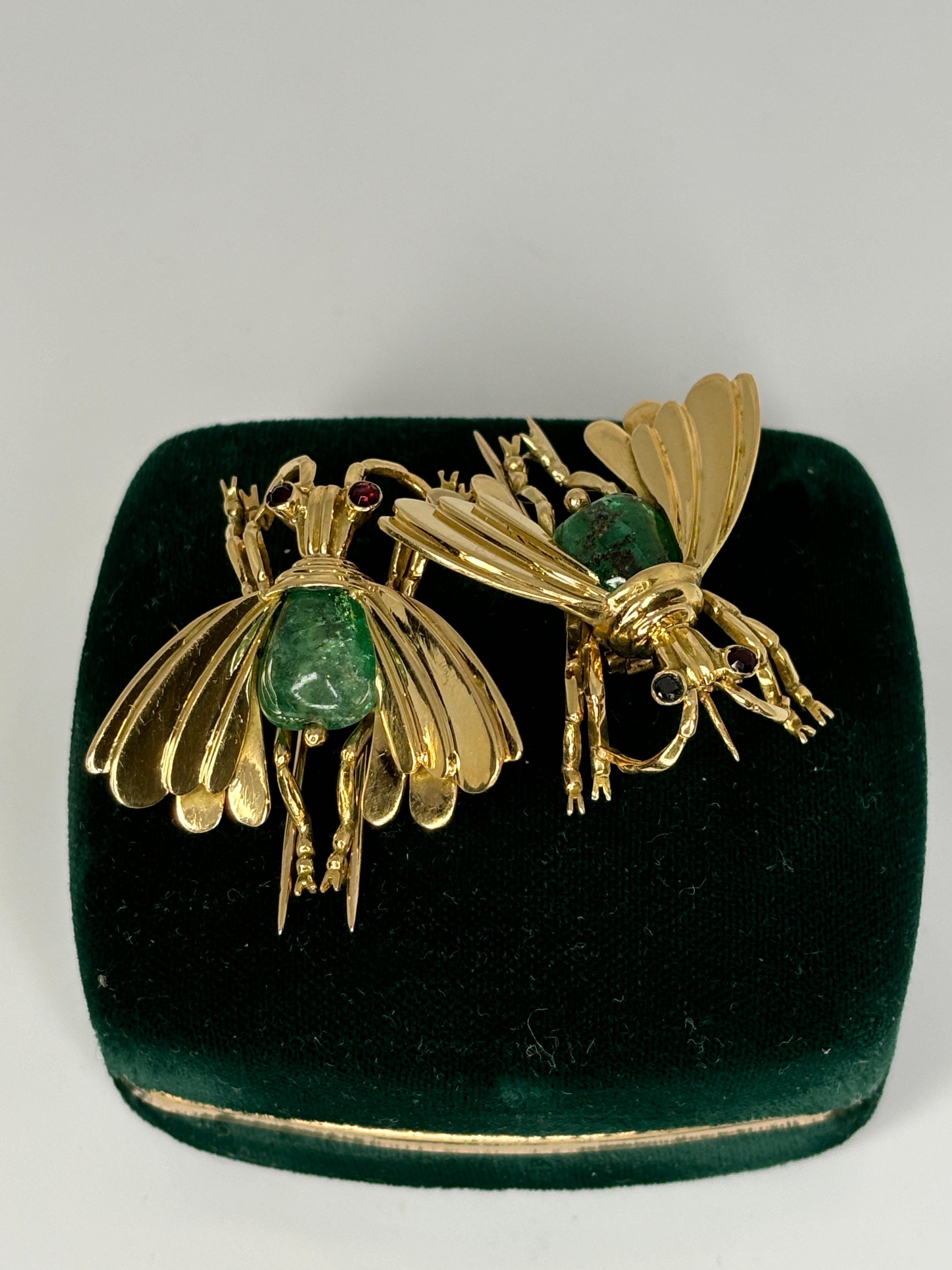 Pareja Alfiler Insecto Cabujón Esmeralda Retro Años 40 Oro Amarillo 18k, Broche en venta 5