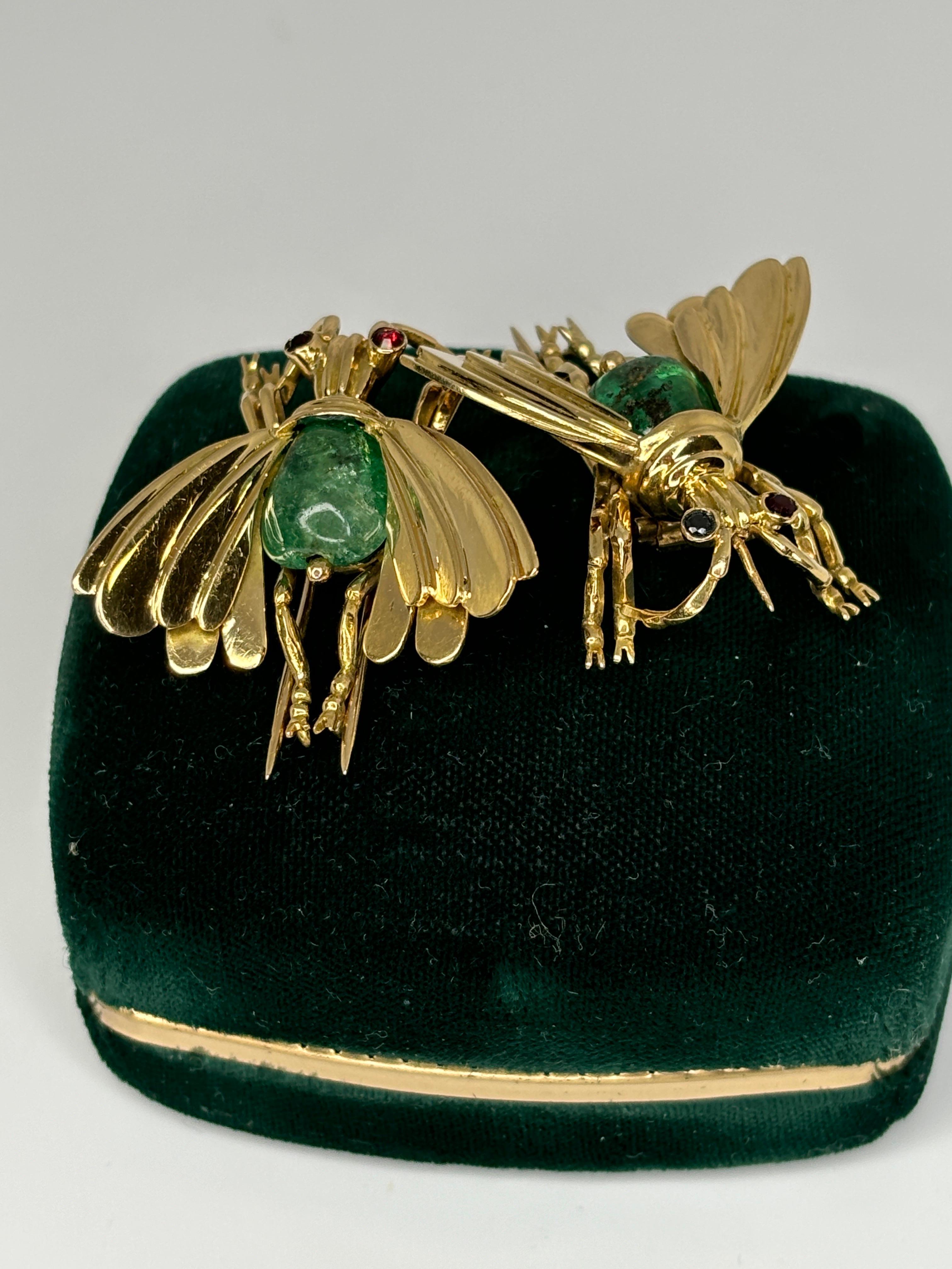Pareja Alfiler Insecto Cabujón Esmeralda Retro Años 40 Oro Amarillo 18k, Broche en venta 6