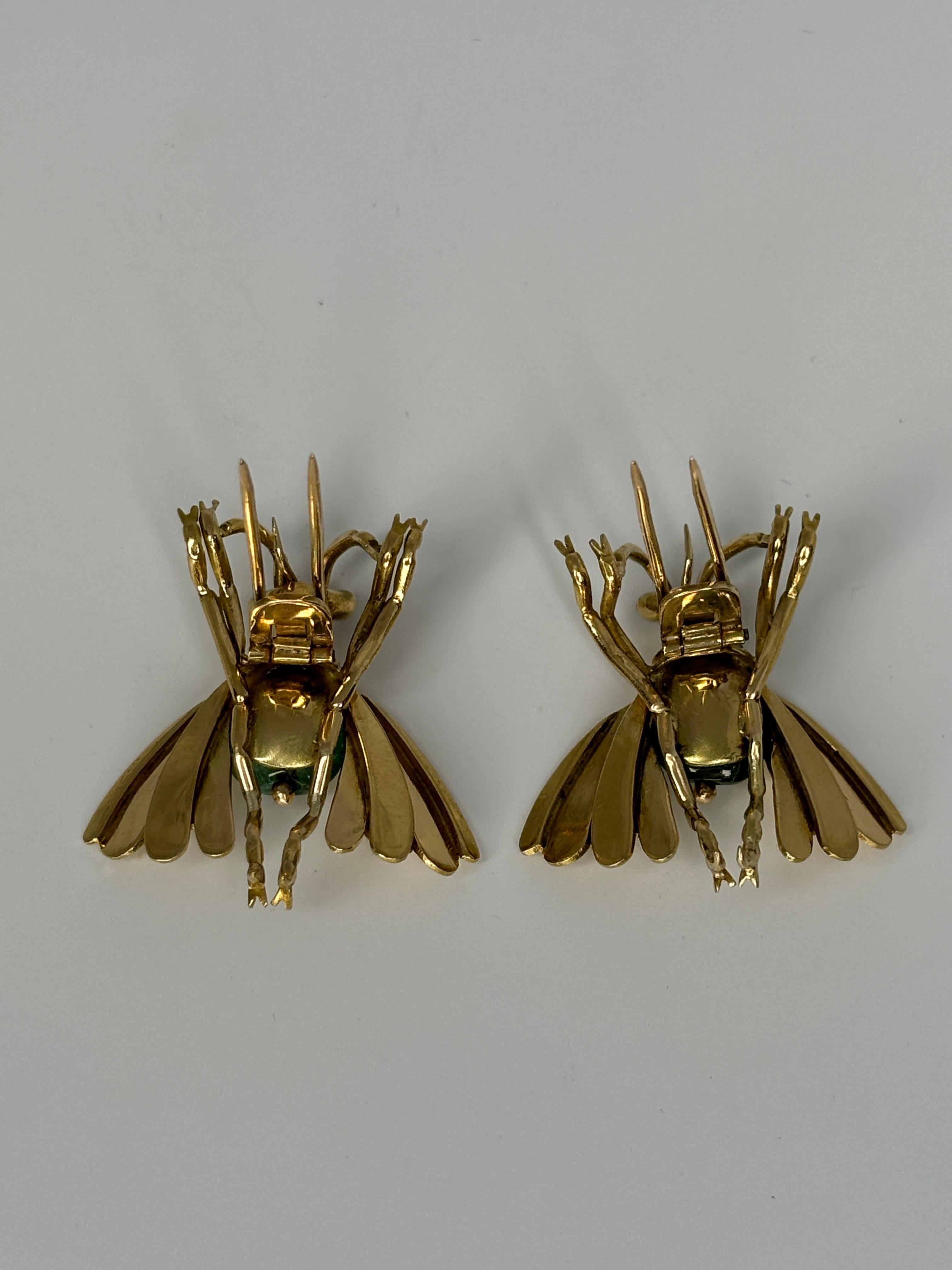 Pareja Alfiler Insecto Cabujón Esmeralda Retro Años 40 Oro Amarillo 18k, Broche en venta 7
