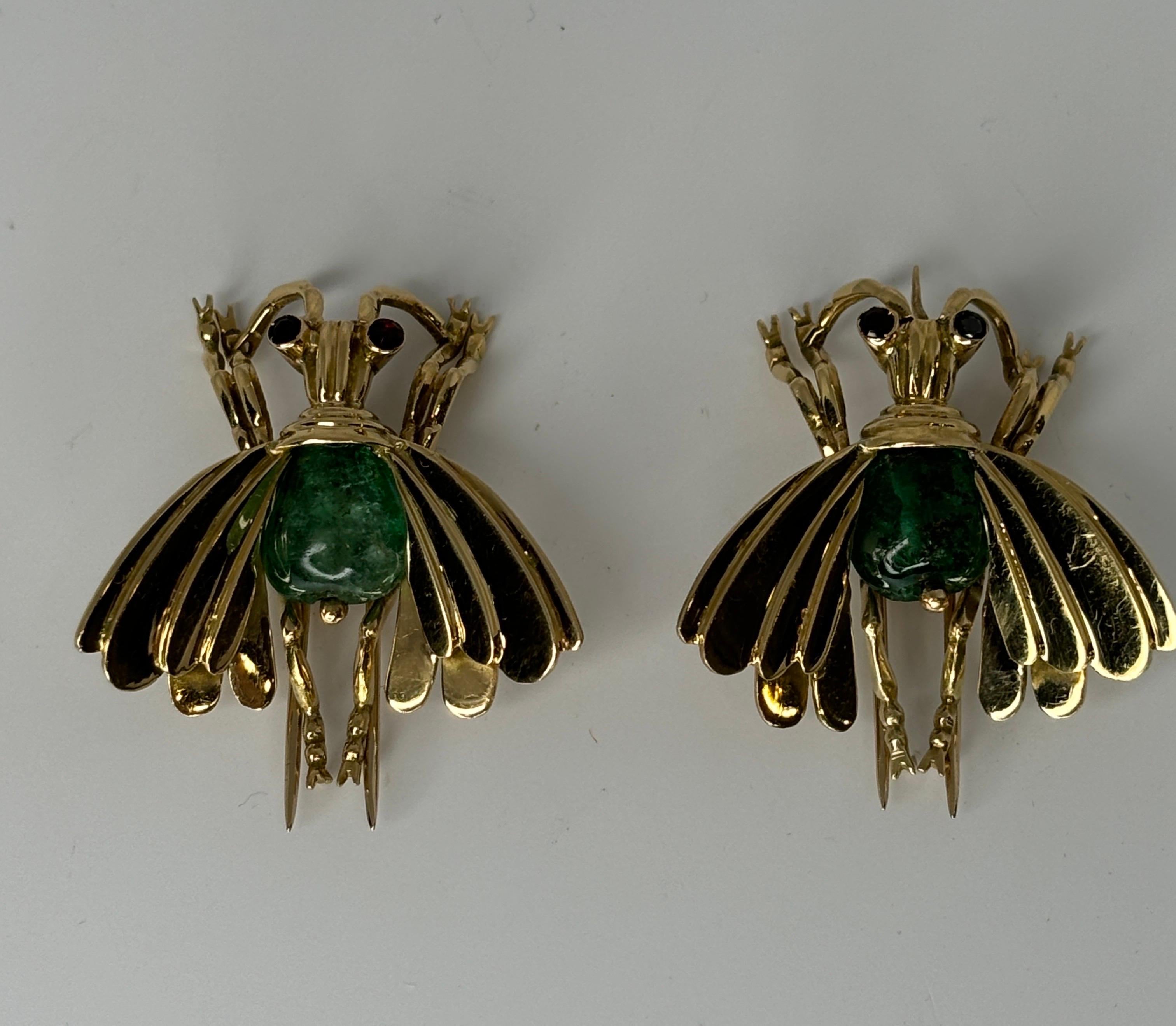 Pareja Alfiler Insecto Cabujón Esmeralda Retro Años 40 Oro Amarillo 18k, Broche en venta 8