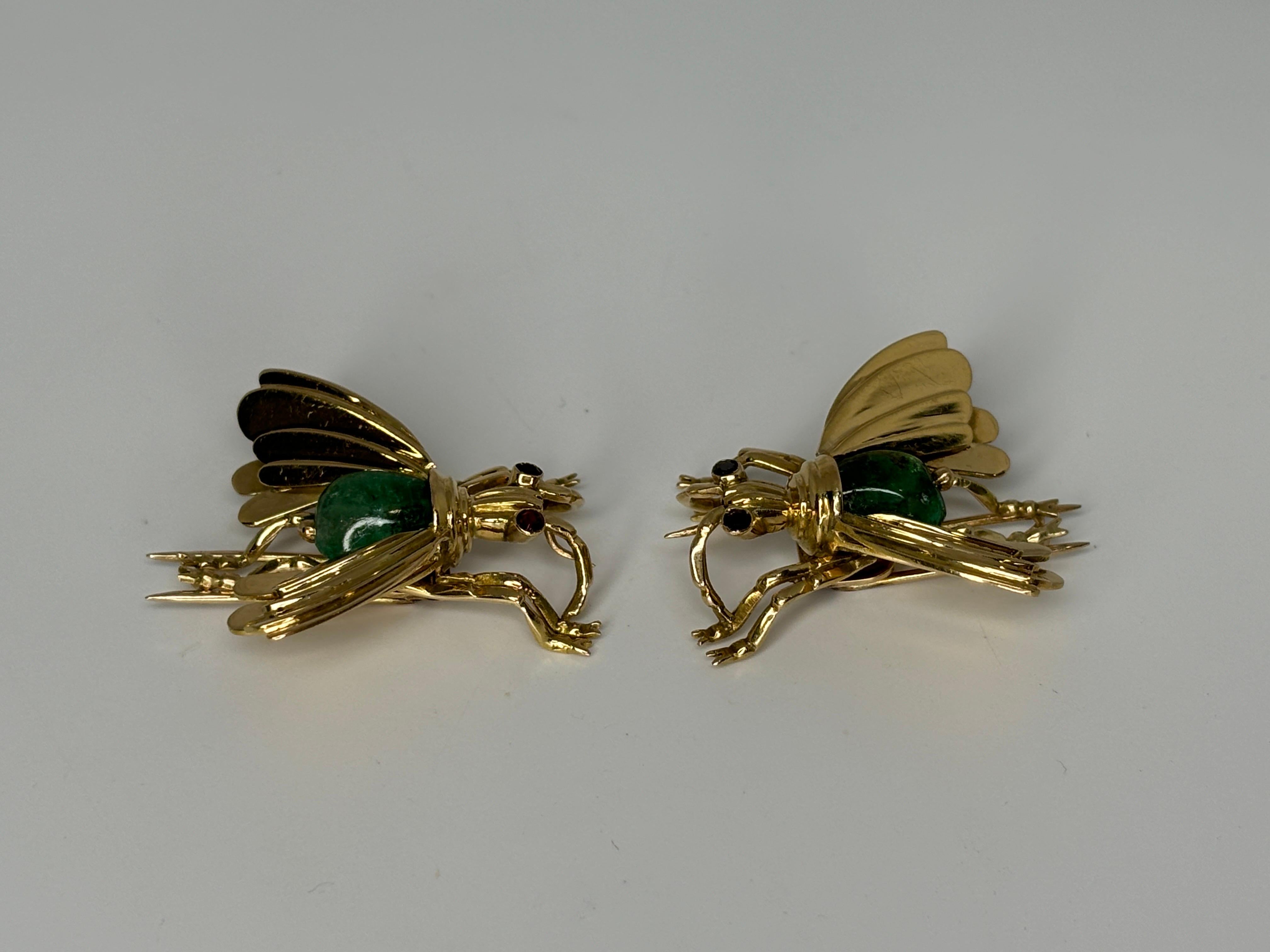 Pareja Alfiler Insecto Cabujón Esmeralda Retro Años 40 Oro Amarillo 18k, Broche en venta 1