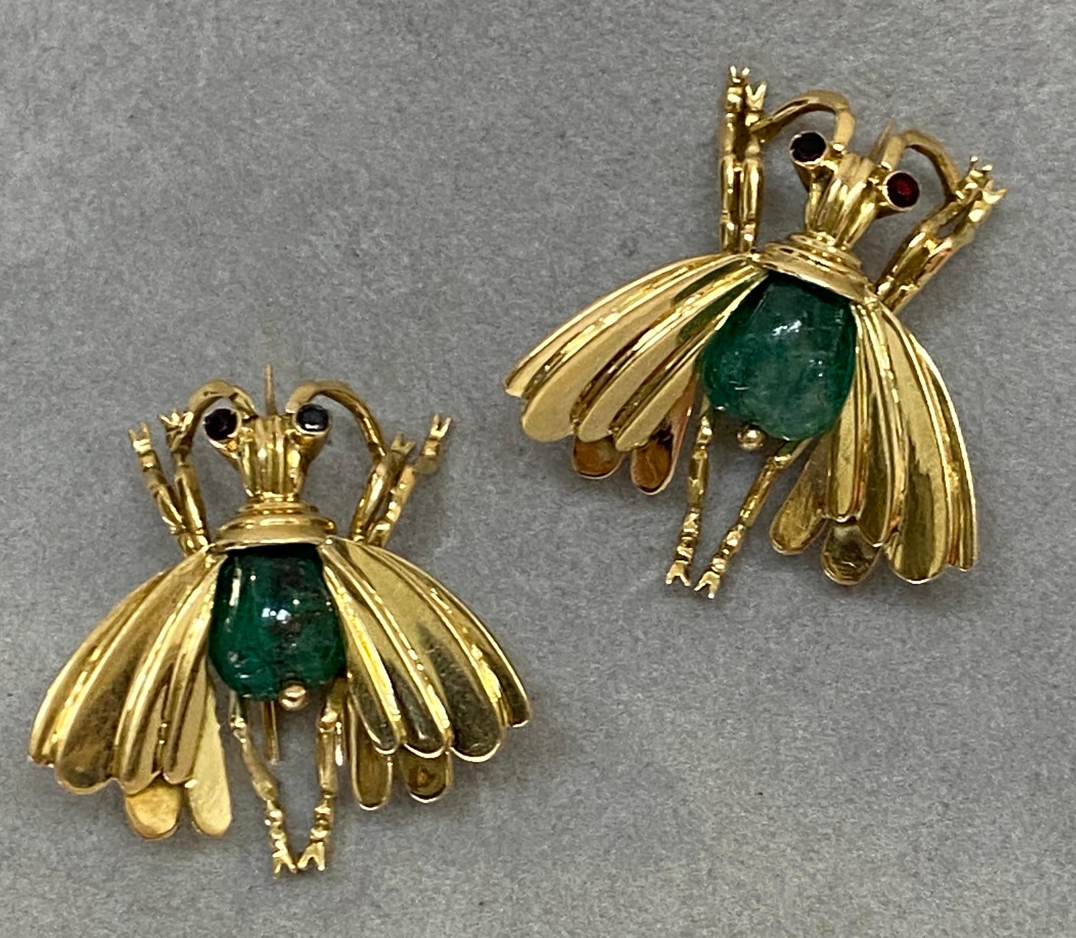 Femenino o masculino Pareja Alfiler Insecto Cabujón Esmeralda Retro Años 40 Oro Amarillo 18k, Broche en venta
