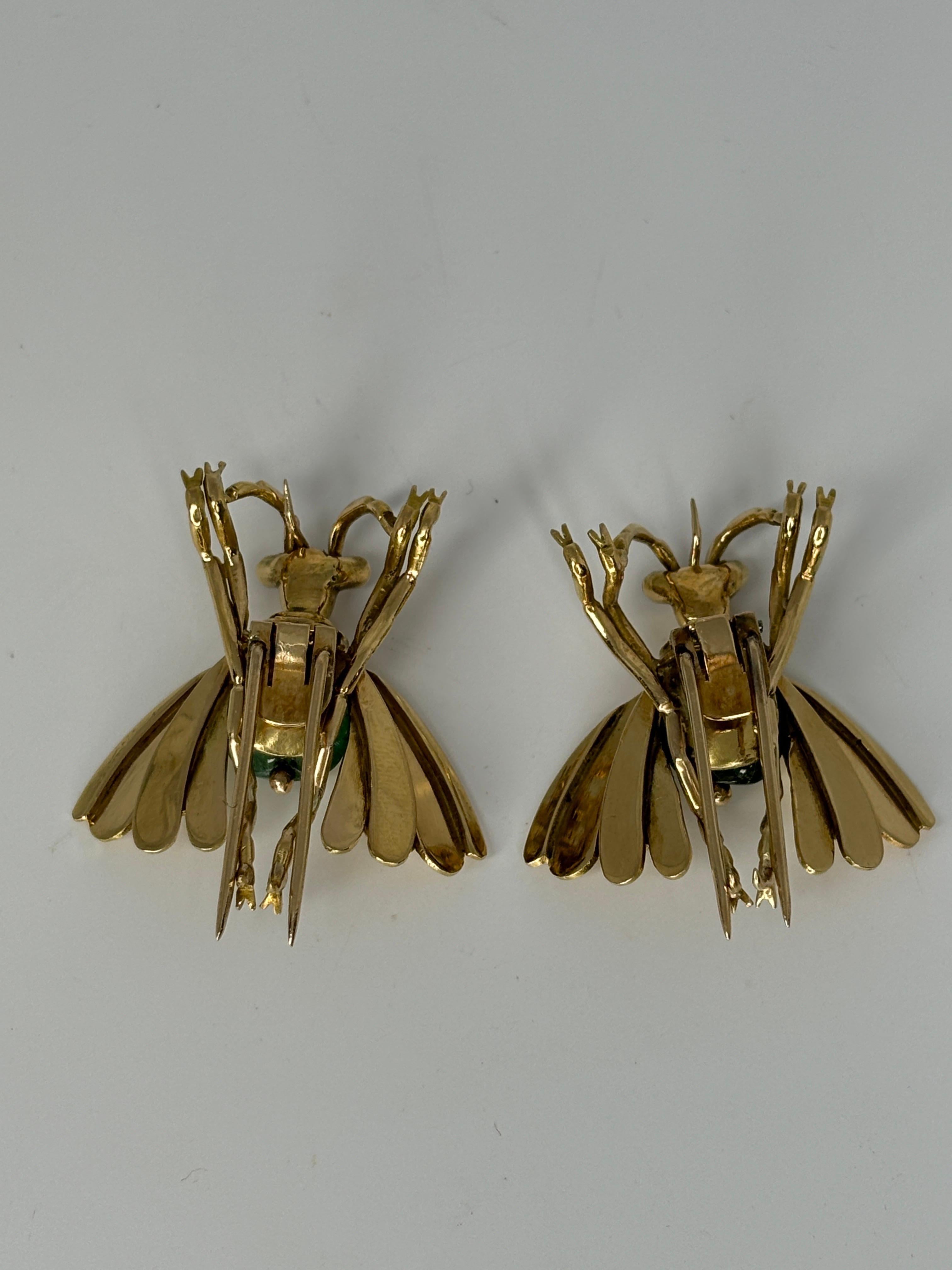 Pareja Alfiler Insecto Cabujón Esmeralda Retro Años 40 Oro Amarillo 18k, Broche en venta 2
