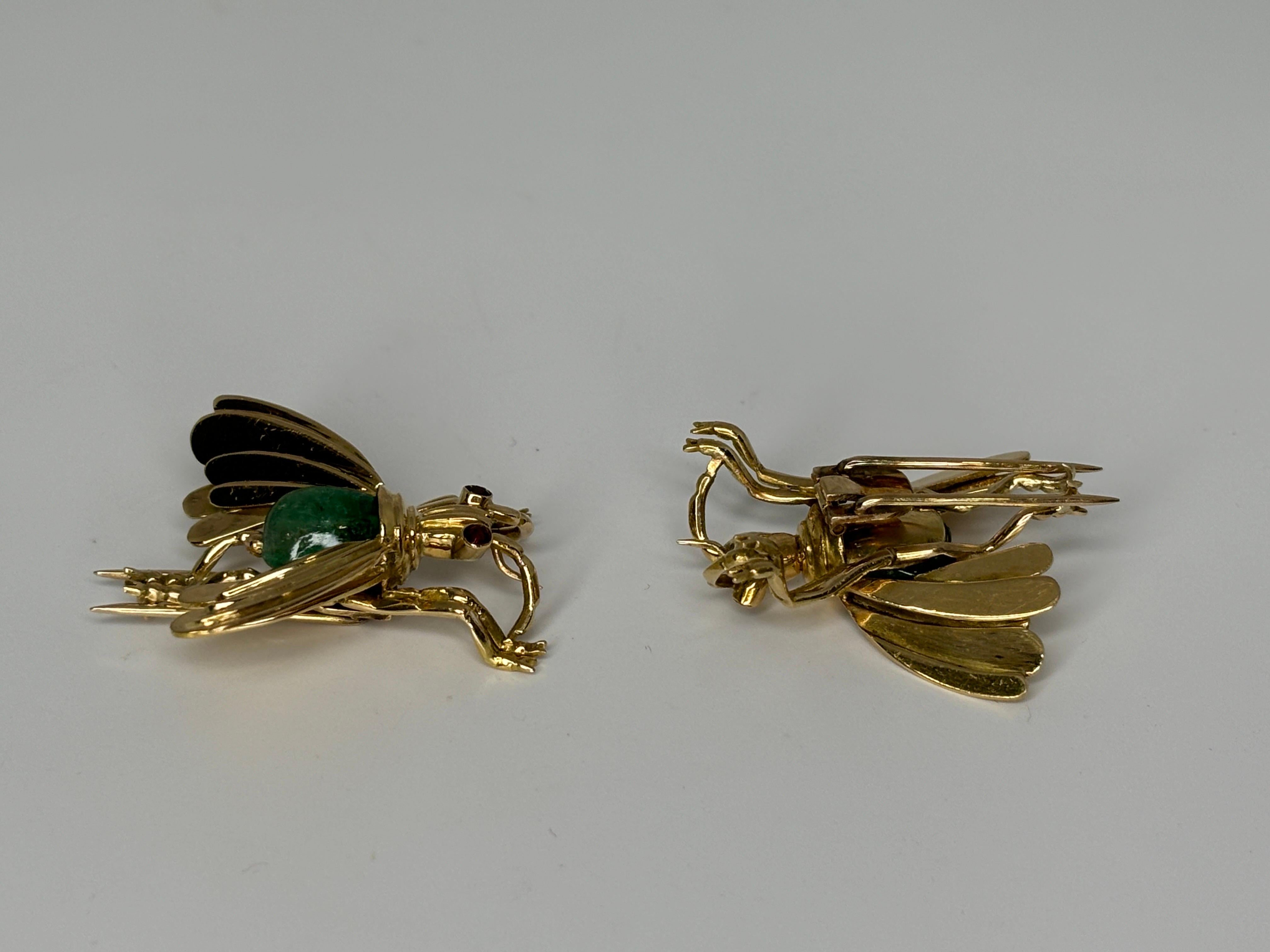 Pareja Alfiler Insecto Cabujón Esmeralda Retro Años 40 Oro Amarillo 18k, Broche en venta 3