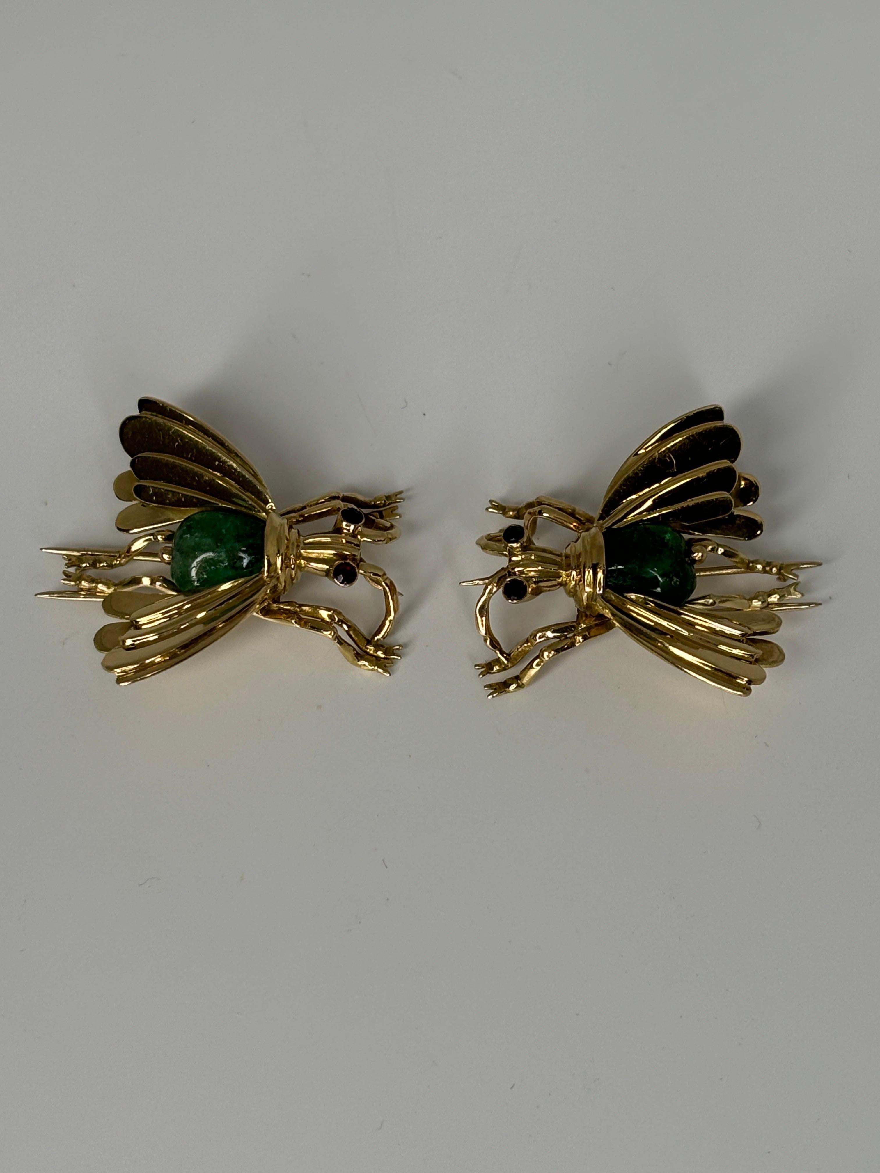 Pareja Alfiler Insecto Cabujón Esmeralda Retro Años 40 Oro Amarillo 18k, Broche en venta 4