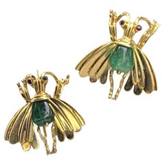 Pareja Alfiler Insecto Cabujón Esmeralda Retro Años 40 Oro Amarillo 18k, Broche