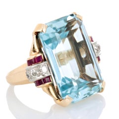 Retro 1940s Aquamarine Ruby and Diamond Cocktail Ring, 14 Karat Yellow Gold