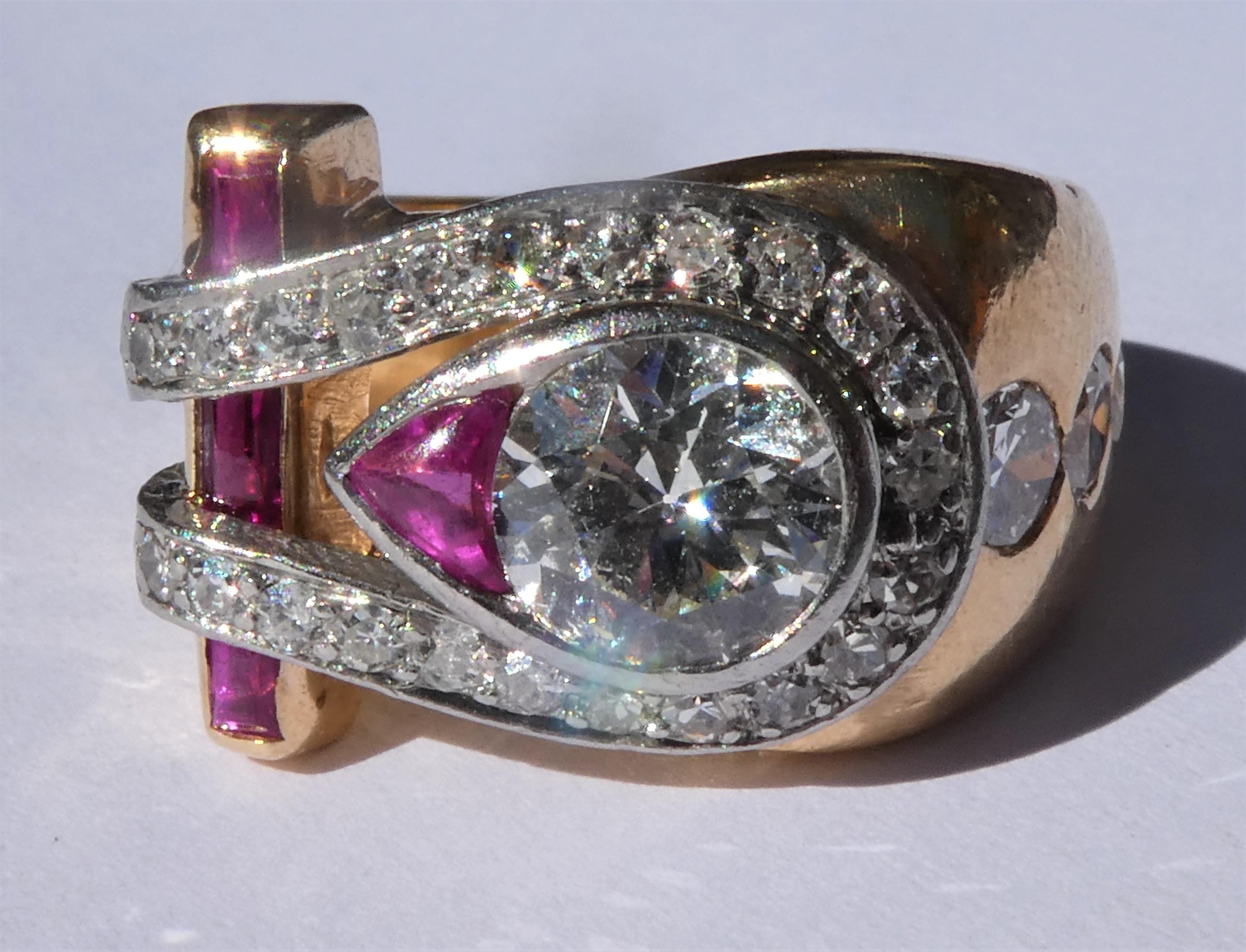 Women's Retro 1940s Asymmetrical Ruby Diamond 18 Karat Rose Gold Platinum Cocktail Ring For Sale