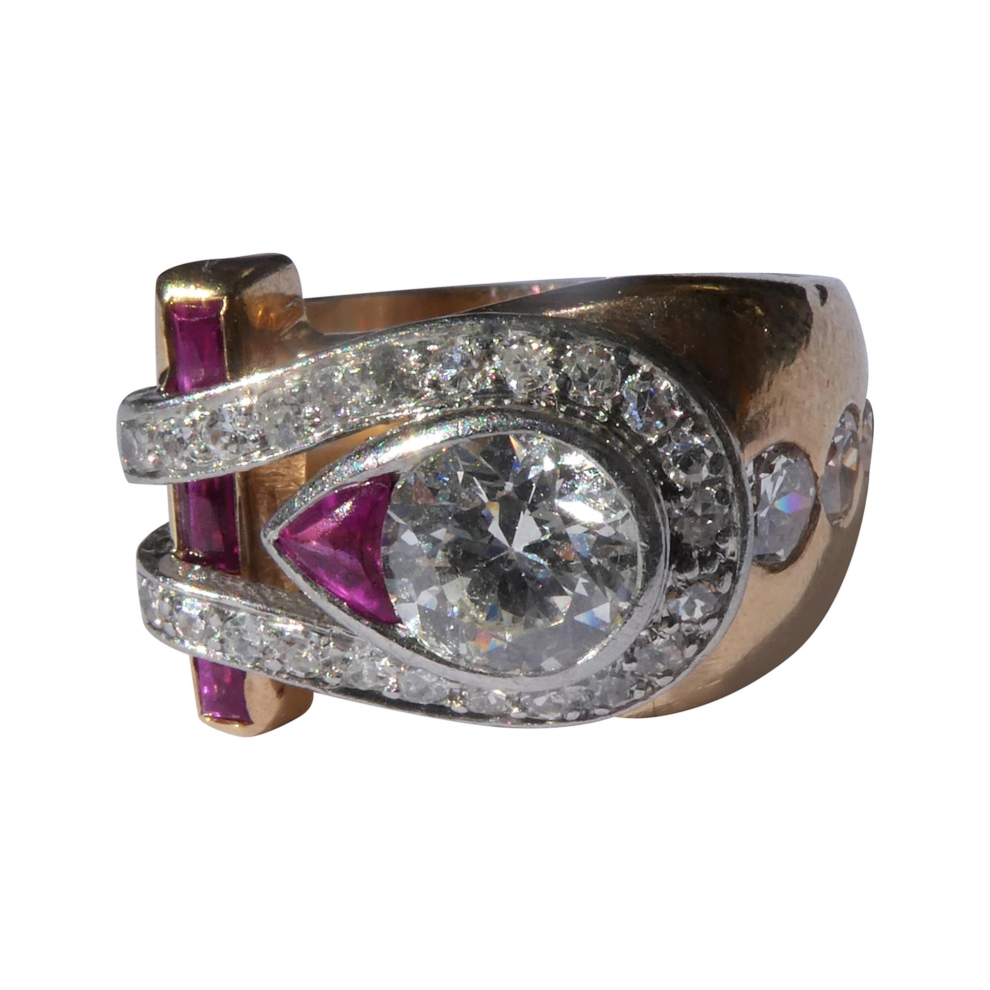 Retro 1940s Asymmetrical Ruby Diamond 18 Karat Rose Gold Platinum Cocktail Ring For Sale