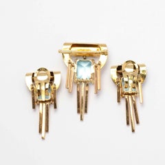 Retro 1940s brooch and earrings set blue topaz rose cut diamonds