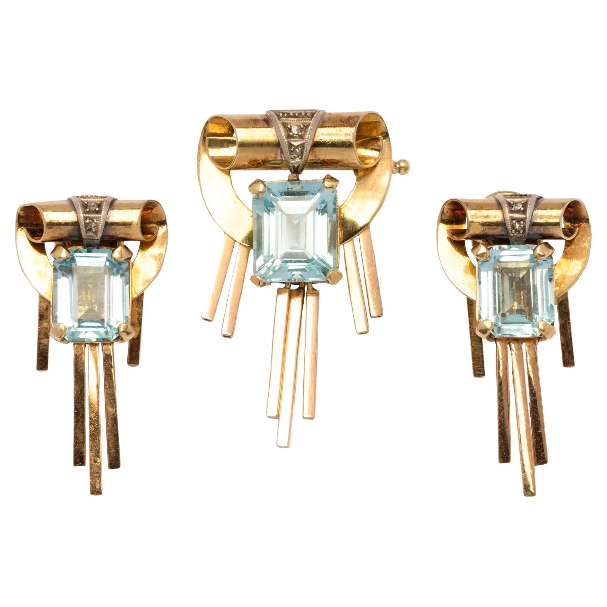 Retro 1940s brooch and earrings set blue topaz rose cut diamonds
