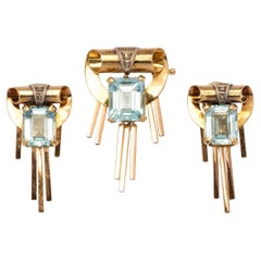 Retro 1940s brooch and earrings set blue topaz rose cut diamonds