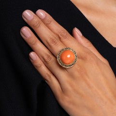 Retro 1940s Coral Cabochon 14k Yellow Gold Filigree Dome Cocktail Ring