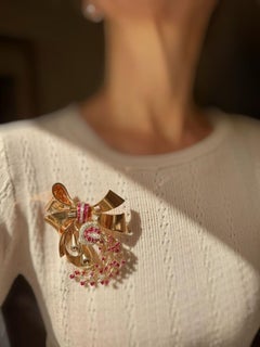 Retro 1940's Diamond, Ruby and 14k Rose Gold Brooch