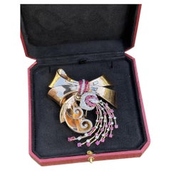 Retro 1940's Diamond, Ruby and 14k Rose Gold Brooch