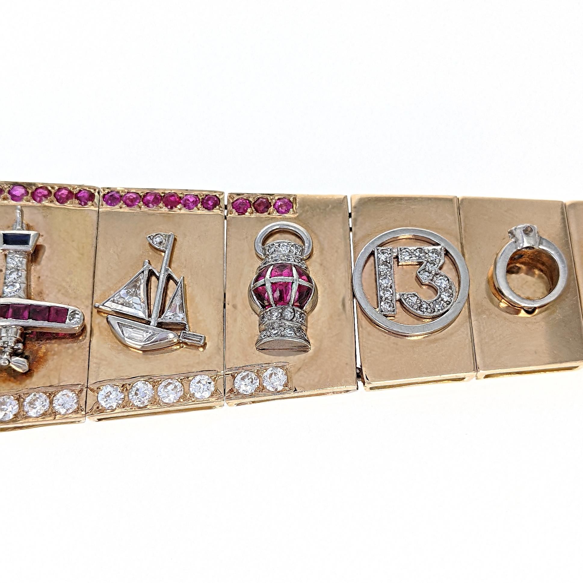 Retro 1940s Diamond Ruby Charm Link Bracelet For Sale 5