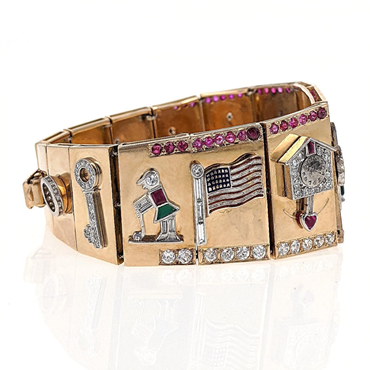 Round Cut Retro 1940s Diamond Ruby Charm Link Bracelet For Sale