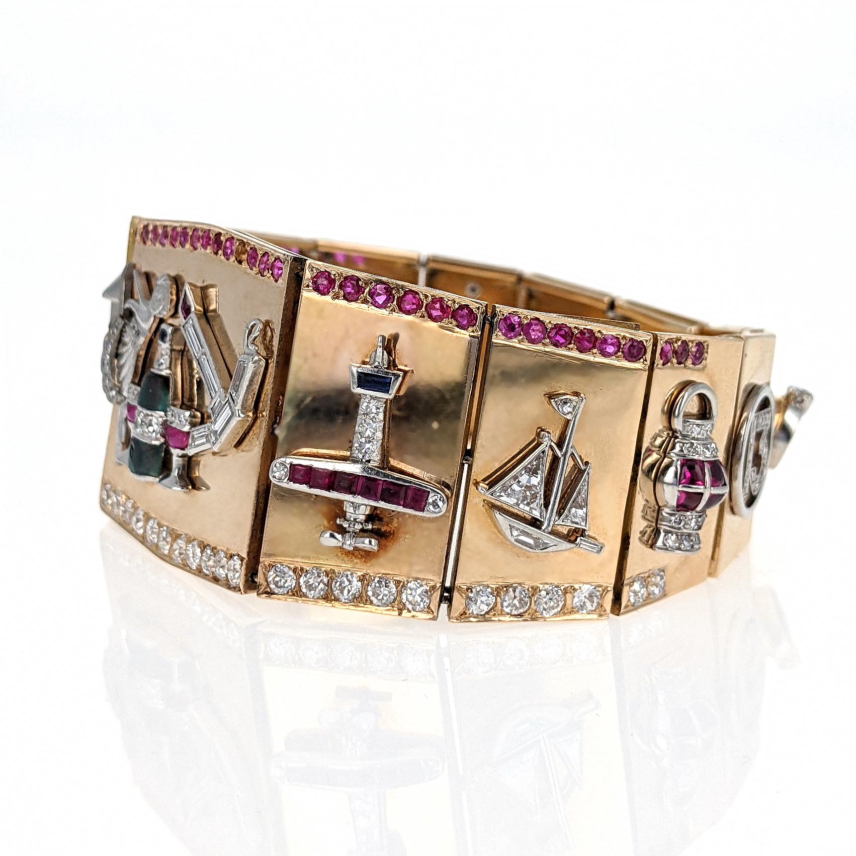 Women's or Men's Retro 1940s Diamond Ruby Charm Link Bracelet For Sale