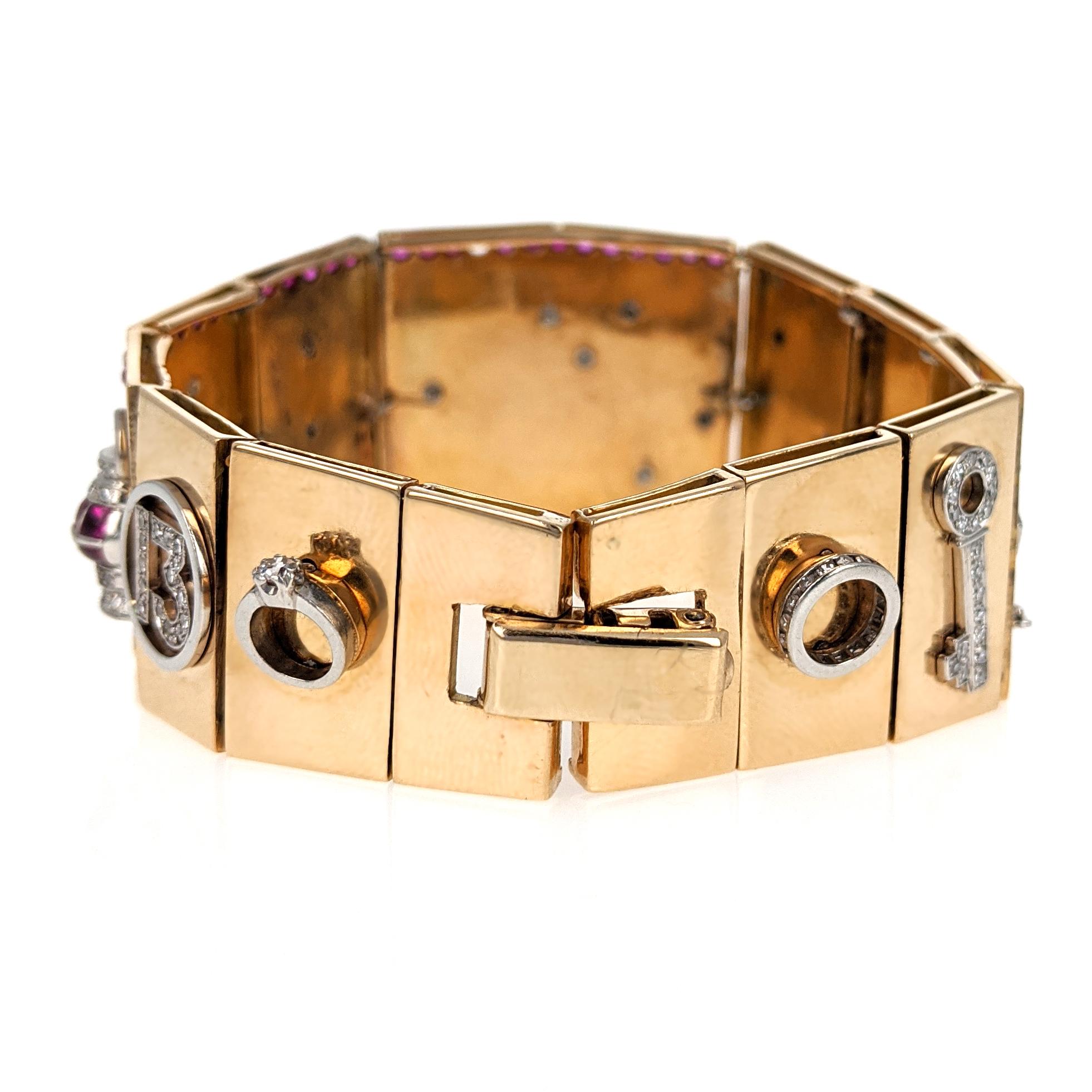 Retro 1940s Diamond Ruby Charm Link Bracelet For Sale 2