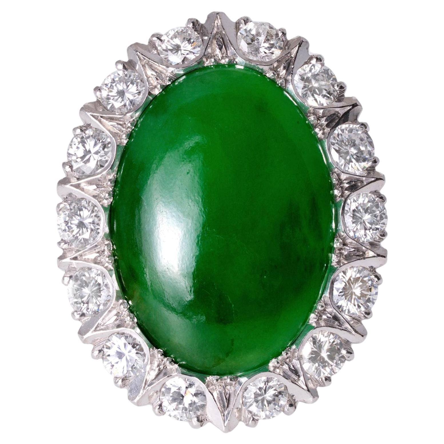 Retro 1940s GIA Certified 6.50 Carat Burmese Fei Cui Type A Jade & Diamond Ring