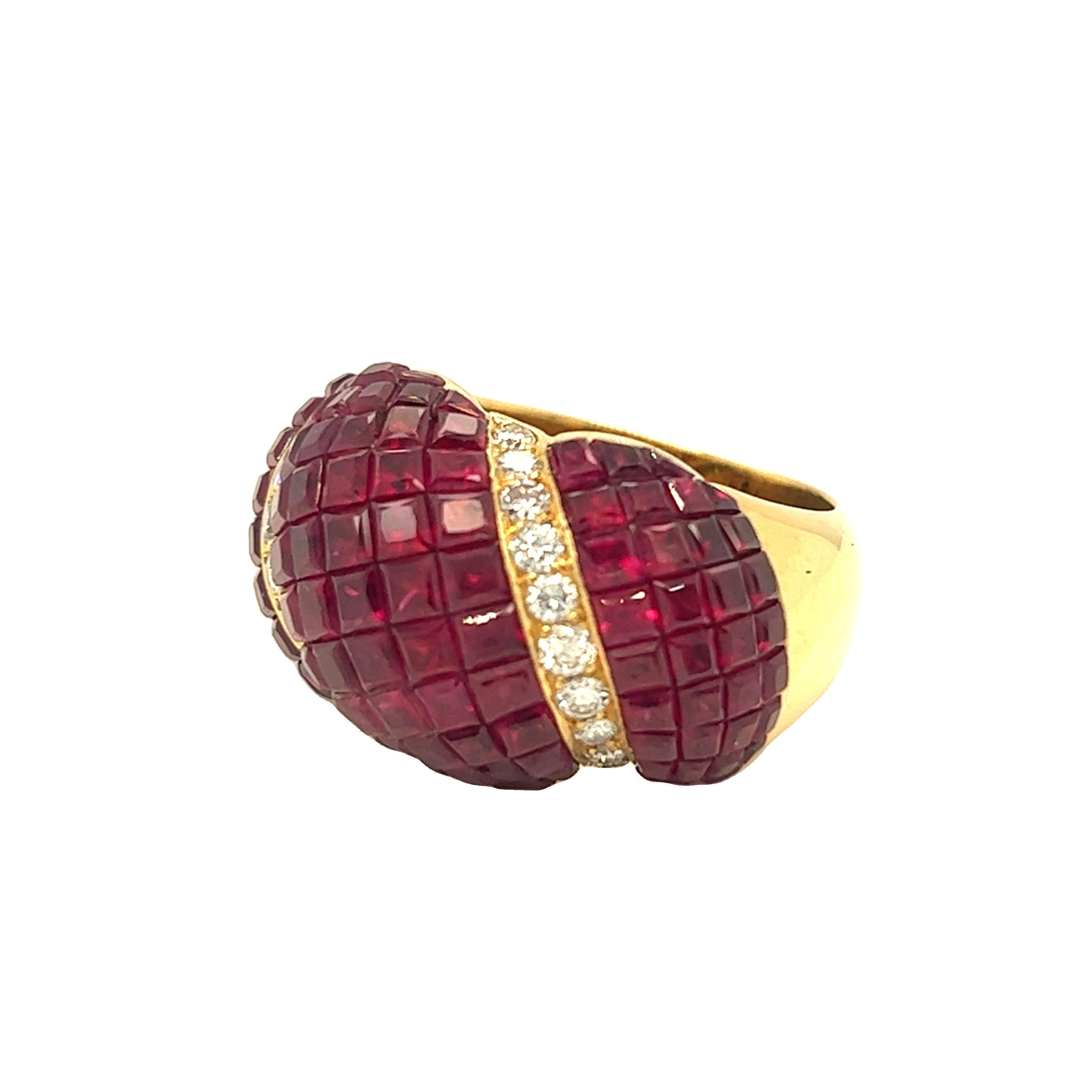Square Cut Retro 1940s Invisible Set Square Ruby and Diamond Dome Ring 18K Yellow Gold For Sale