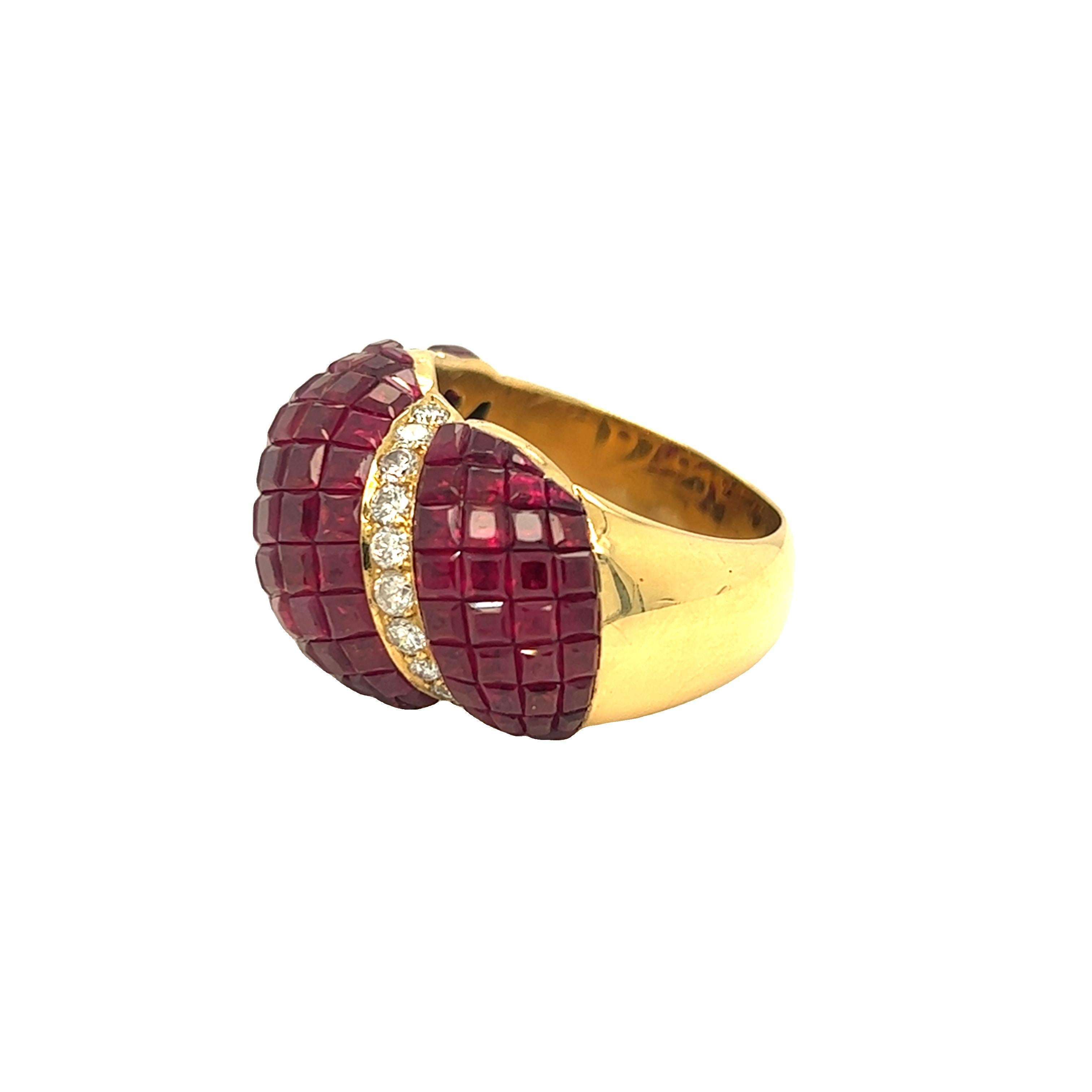 Retro 1940s Invisible Set Square Ruby and Diamond Dome Ring 18K Yellow Gold In Excellent Condition For Sale In beverly hills, CA