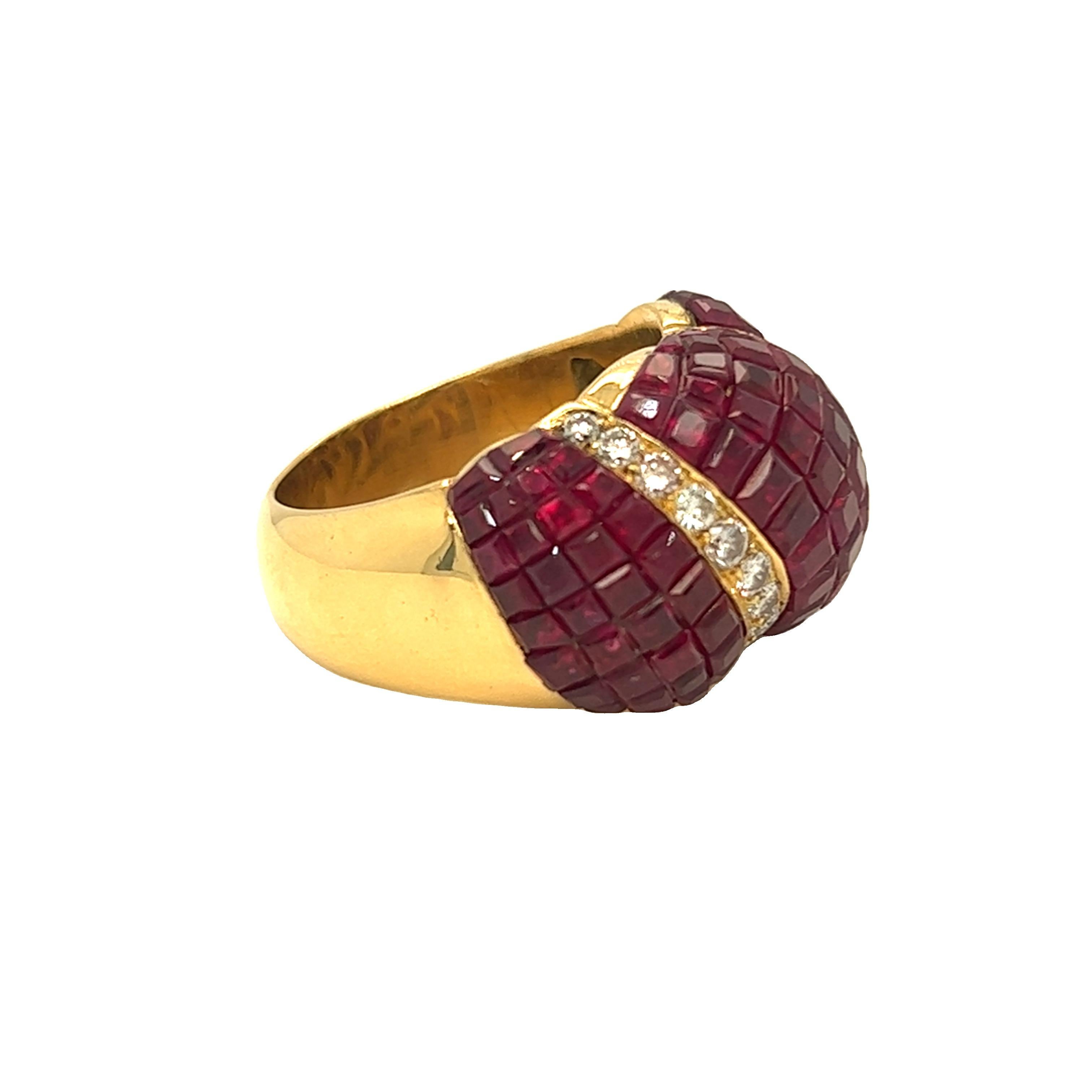 Retro 1940s Invisible Set Square Ruby and Diamond Dome Ring 18K Yellow Gold For Sale 1