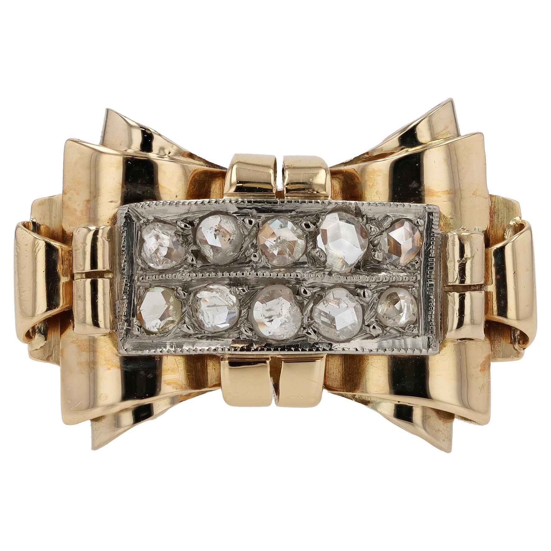 Retro 1940er Jahre Rosenschliff Diamant 18K Gold Bow Ring