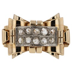Retro 1940s Rose Cut Diamond 18K Gold Bow Ring